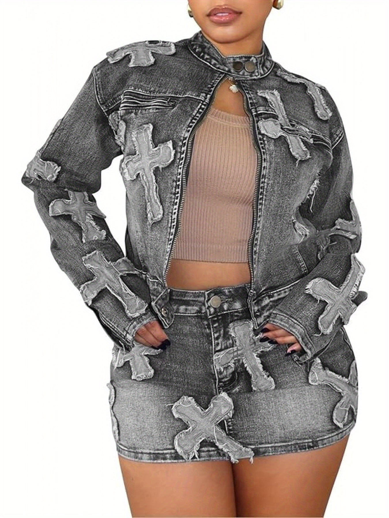 Denim Skirt Set 2pcs Denim Skirt Set for Women Y2K Long Sleeve Zipper Jean Jacket Top Mini Skirt Bodycon Set Two Piece Outfits Long Sleeve Zip Up Jacket Top And Matching Mini Skirt with Pockets